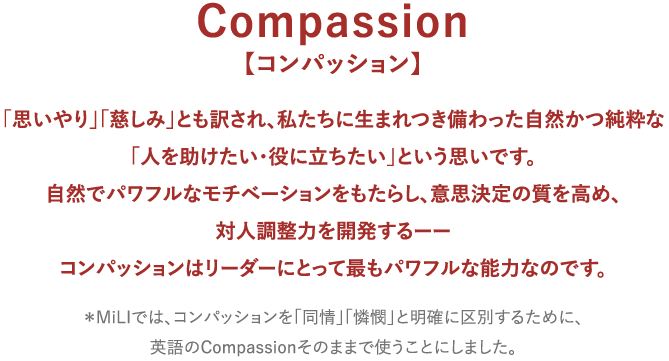 Compassion 【コンパッション】 「思いやり」「慈しみ」とも訳され、私たちに生まれつき備わった自然かつ純粋な 「人を助けたい・役に立ちたい」という思いです。 自然でパワフルなモチベーションをもたらし、意思決定の質を高め、 対人調整力を開発するーー コンパッションはリーダーにとって最もパワフルな能力なのです。 ＊MiLIでは、コンパッションを「同情」「憐憫」と明確に区別するために、 英語のCompassionそのままで使うことにしました。